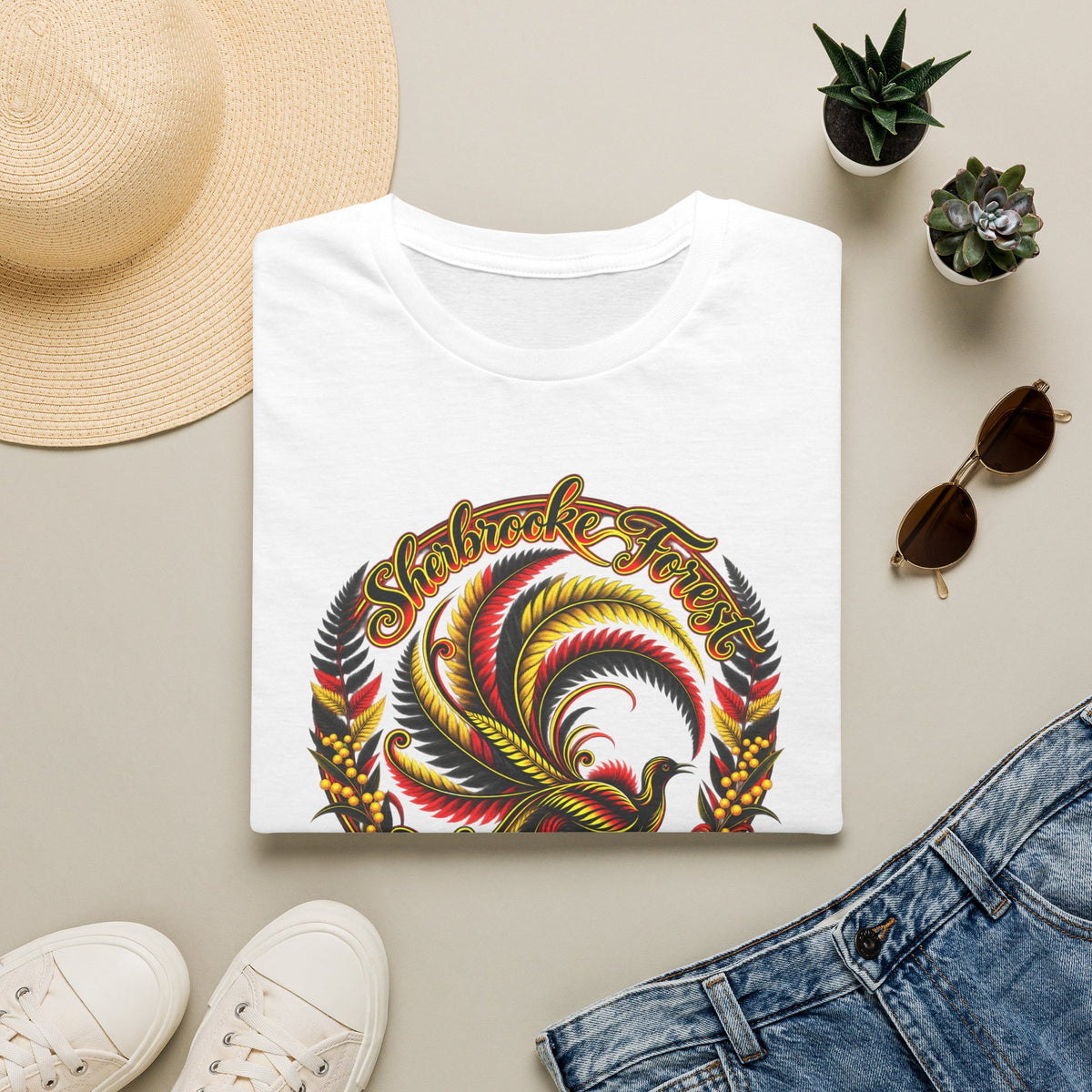 Sherbrooke Forest with Lyrebird and colors of the Indigenous flag - Unisex Softstyle T-Shirt