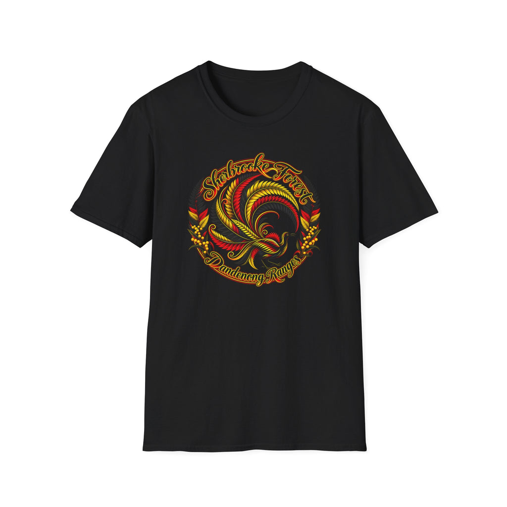 Sherbrooke Forest with Lyrebird and colors of the Indigenous flag - Unisex Softstyle T-Shirt