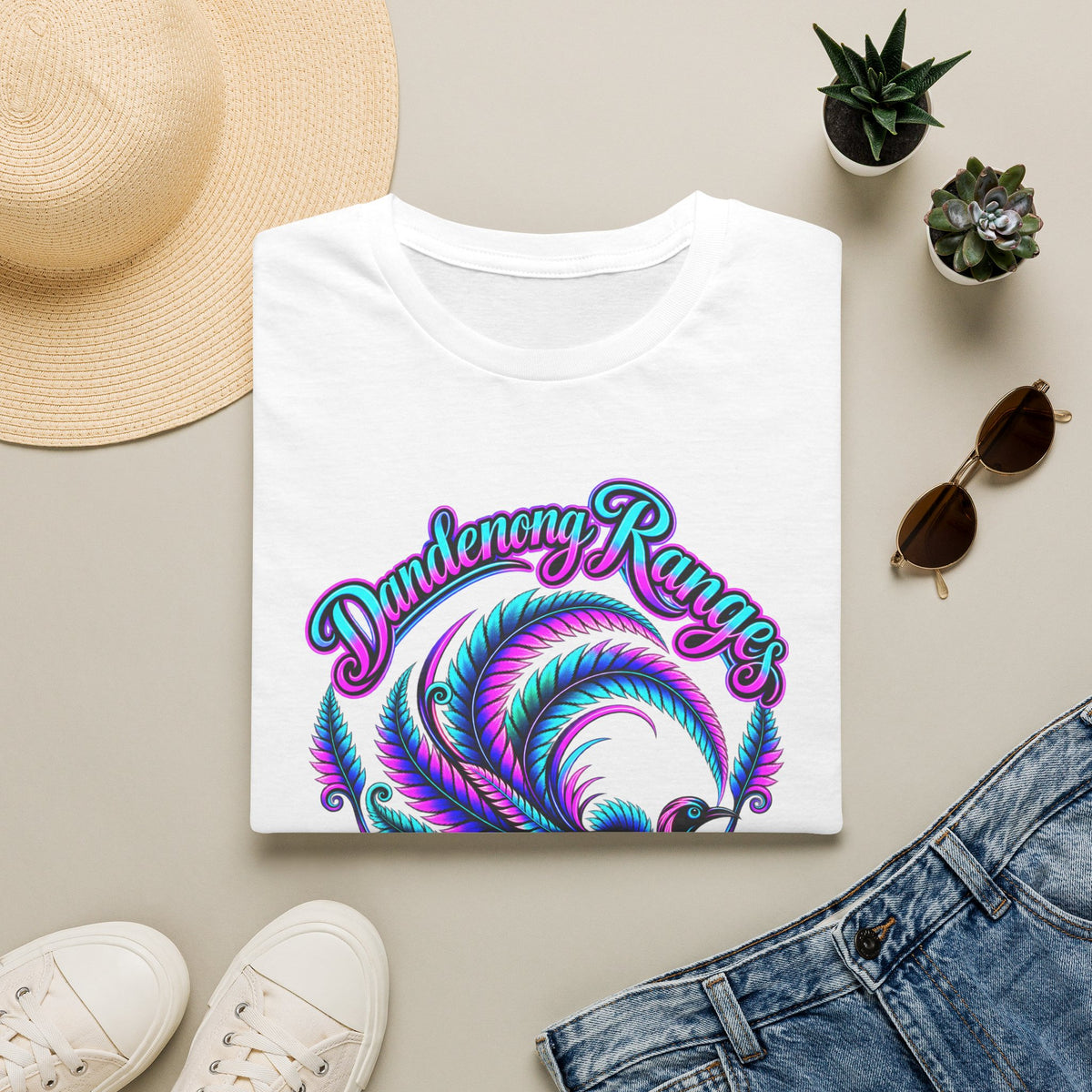 Dandenong Ranges Lyrebird in neon pink purple and aqua, Unisex Softstyle T-Shirt