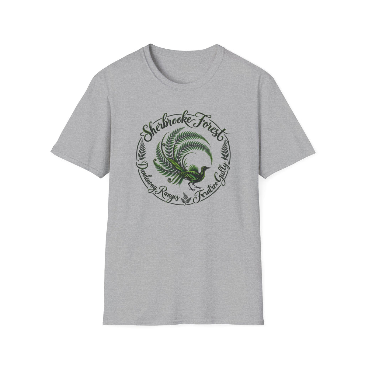 Sherbrooke Forest - Dandenong Rages - Ferntree Gully. Main feature Lyrebird Unisex Softstyle T-Shirt