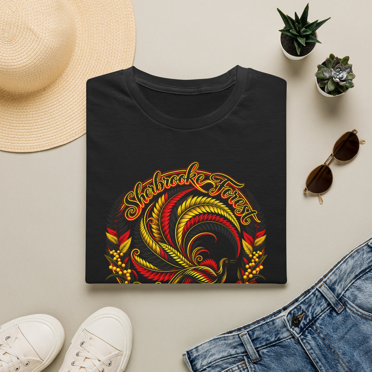 Sherbrooke Forest with Lyrebird and colors of the Indigenous flag - Unisex Softstyle T-Shirt