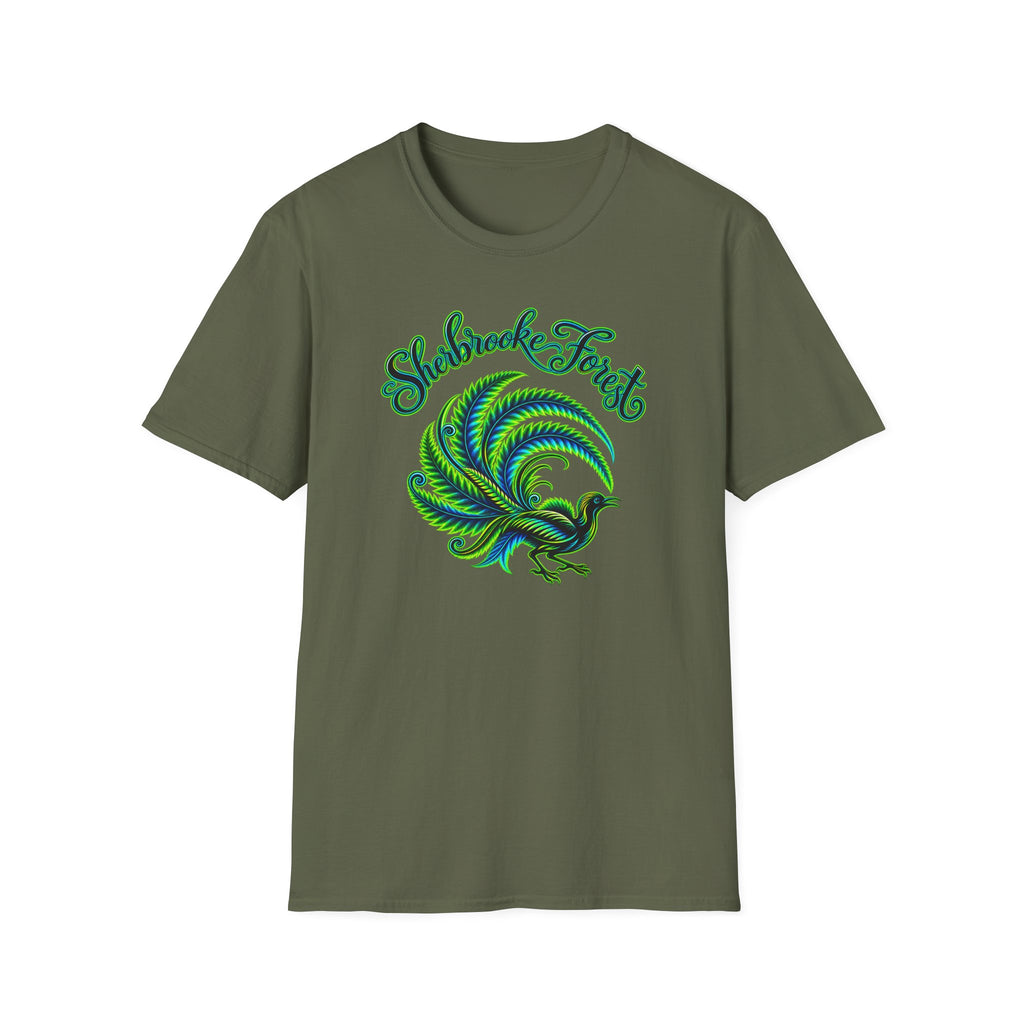 Sherbrooke Forest neon green and blue Lyrebird Unisex Softstyle T-Shirt