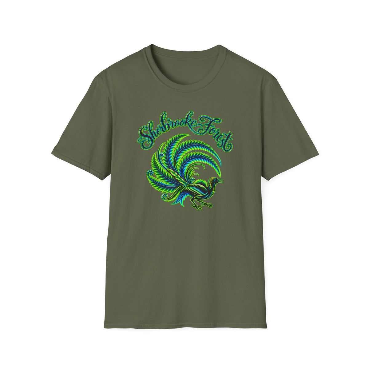 Sherbrooke Forest neon green and blue Lyrebird Unisex Softstyle T-Shirt