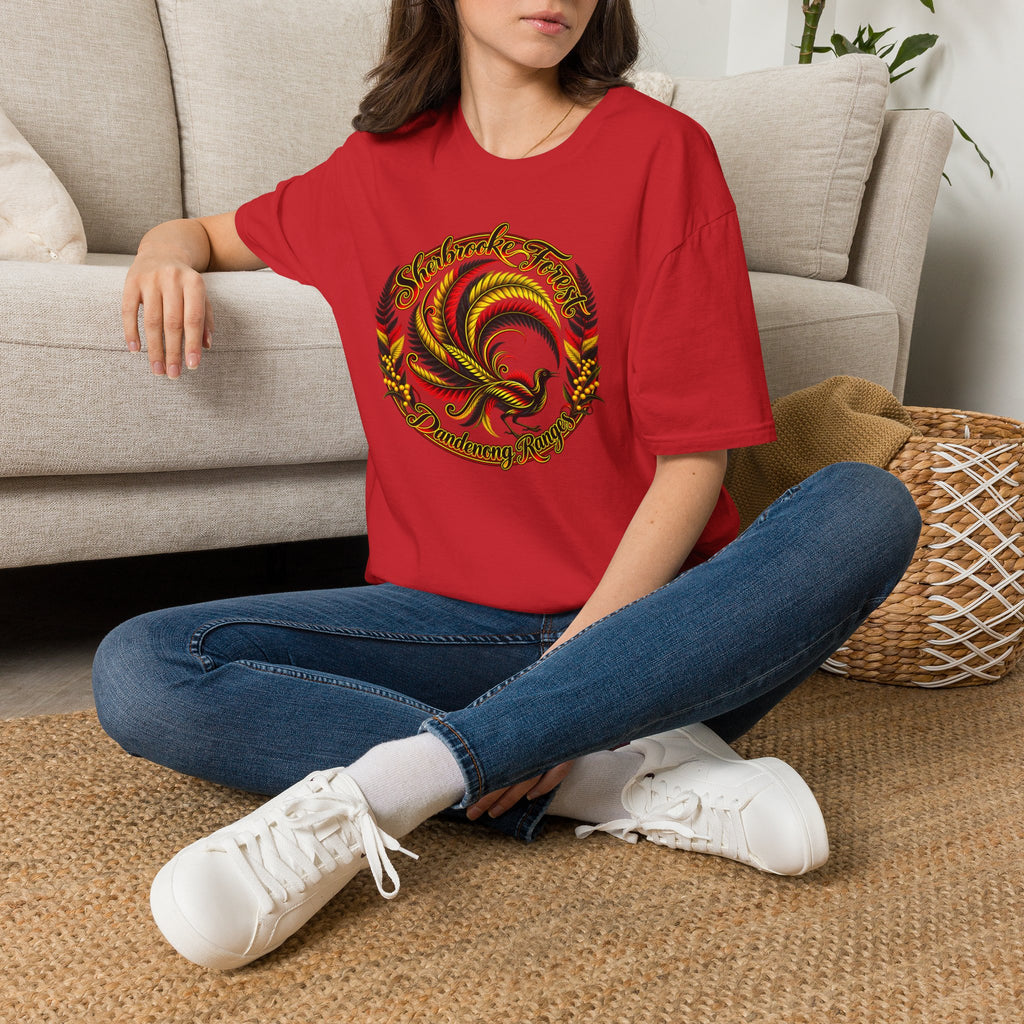 Sherbrooke Forest with Lyrebird and colors of the Indigenous flag - Unisex Softstyle T-Shirt