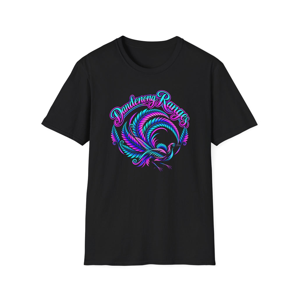 Dandenong Ranges Lyrebird in neon pink purple and aqua, Unisex Softstyle T-Shirt