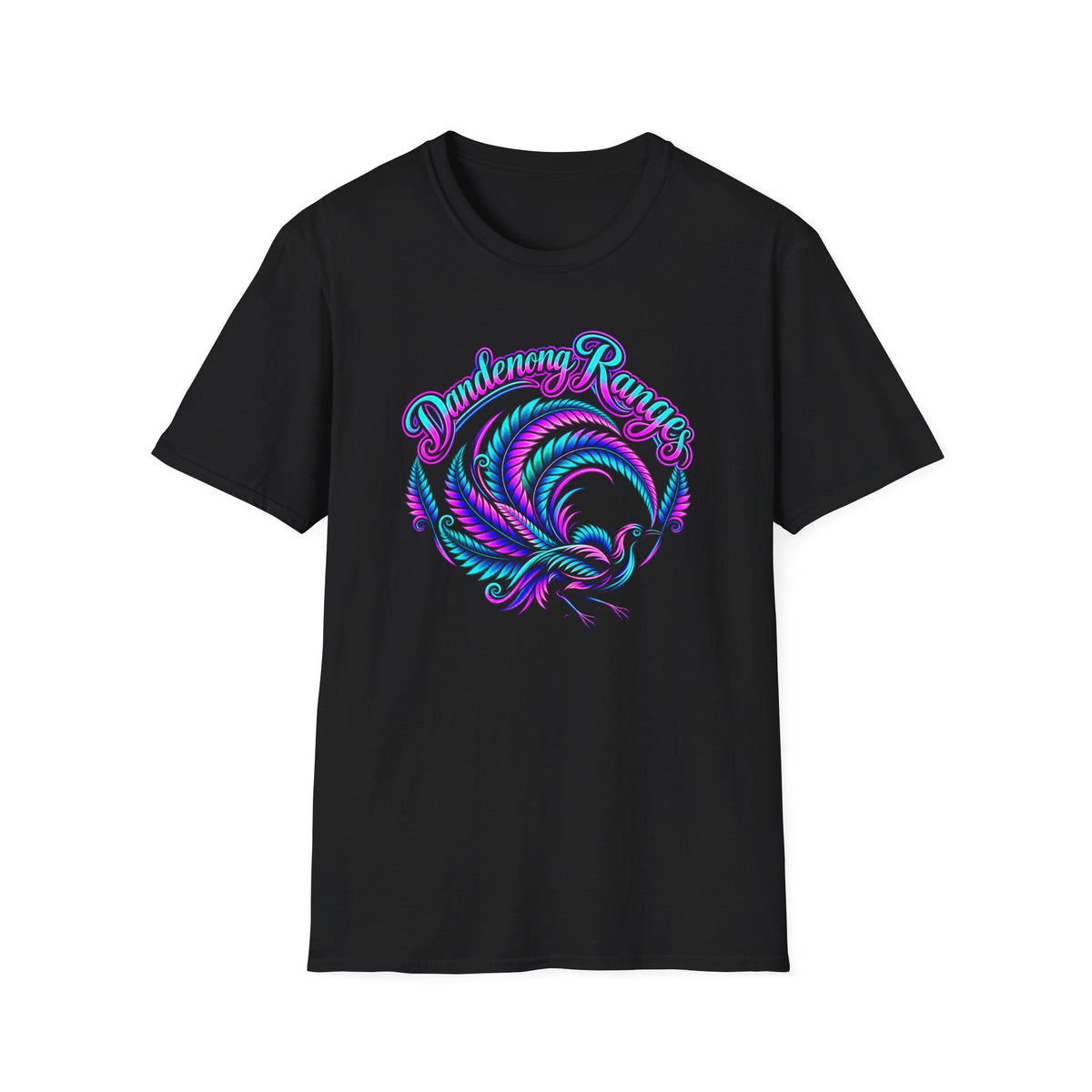 Dandenong Ranges Lyrebird in neon pink purple and aqua, Unisex Softstyle T-Shirt