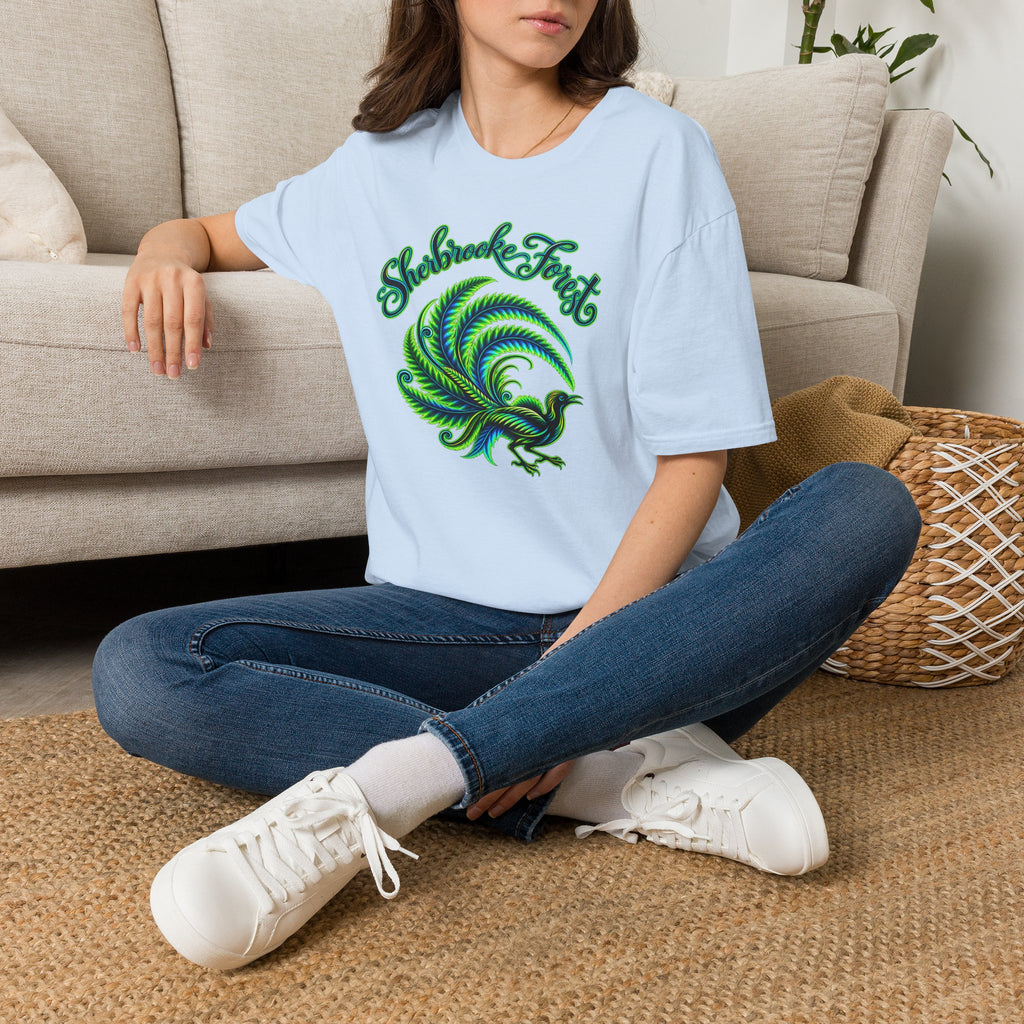 Sherbrooke Forest neon green and blue Lyrebird Unisex Softstyle T-Shirt