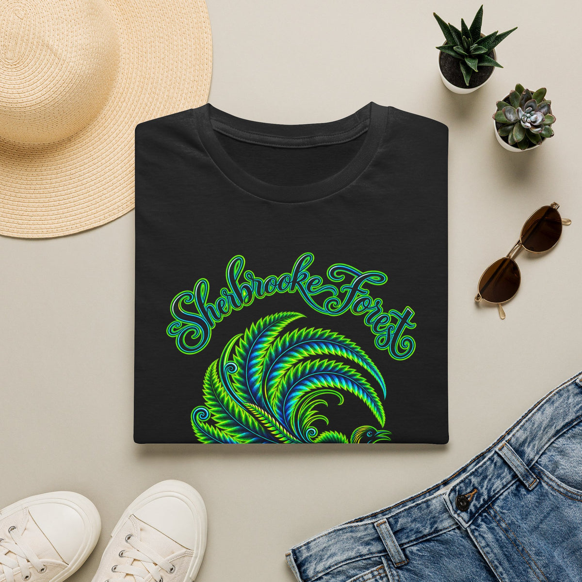 Sherbrooke Forest neon green and blue Lyrebird Unisex Softstyle T-Shirt