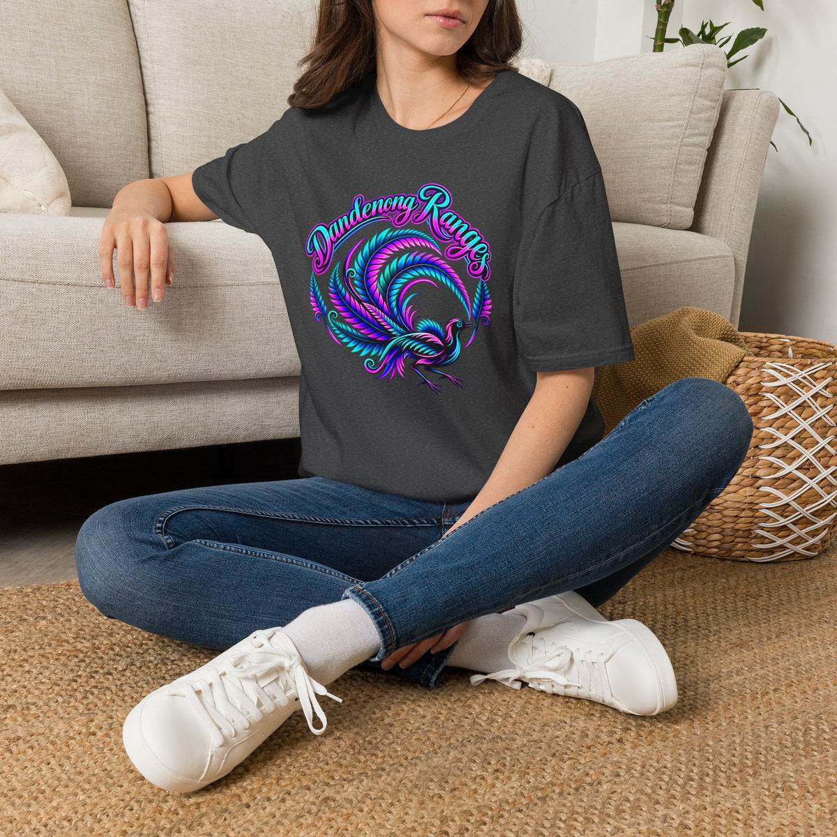 Dandenong Ranges Lyrebird in neon pink purple and aqua, Unisex Softstyle T-Shirt