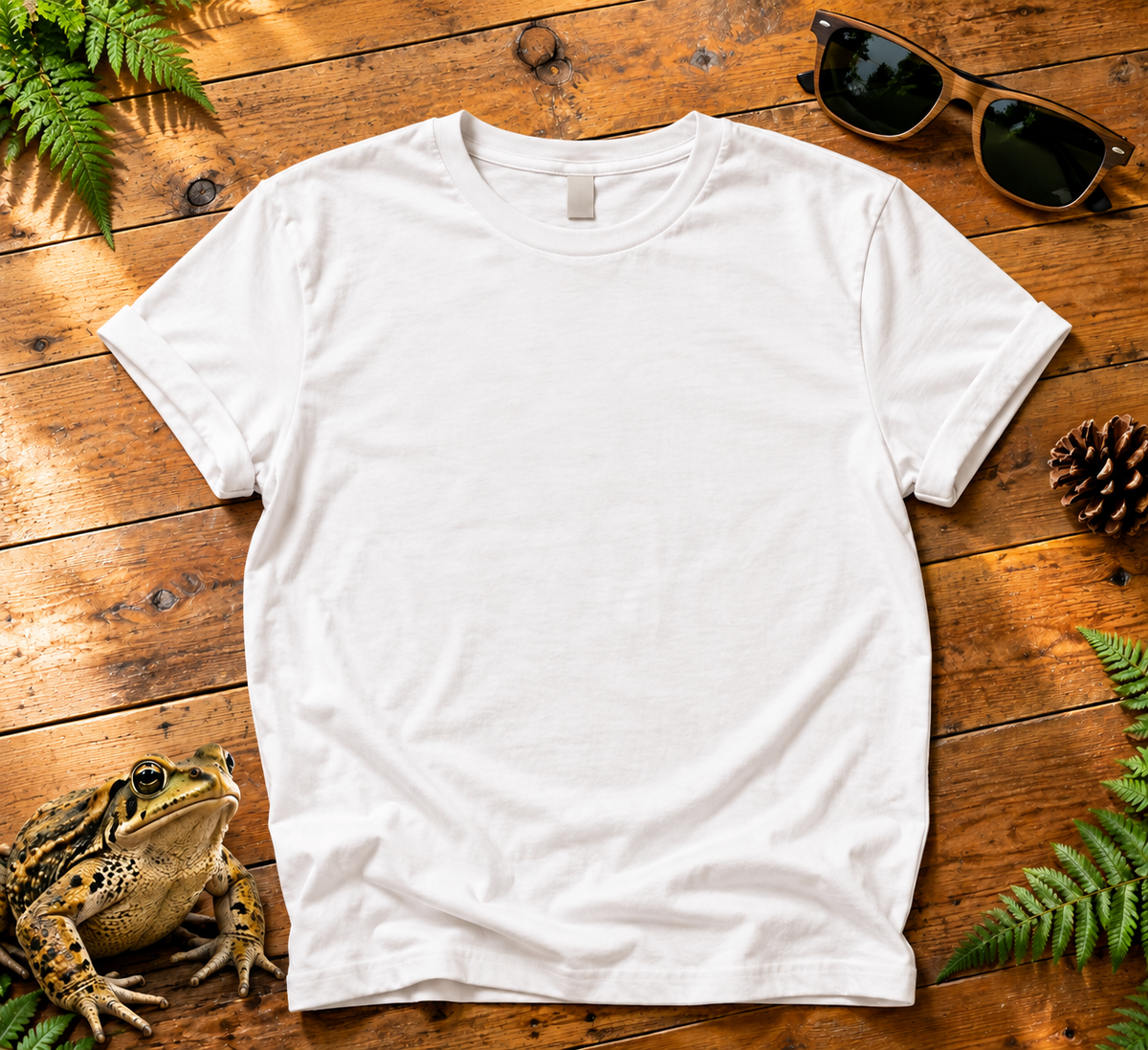 Croaking Toad lifestyle T-shirt mockup with fern, toad and sunglasses on polished wooden floorboards